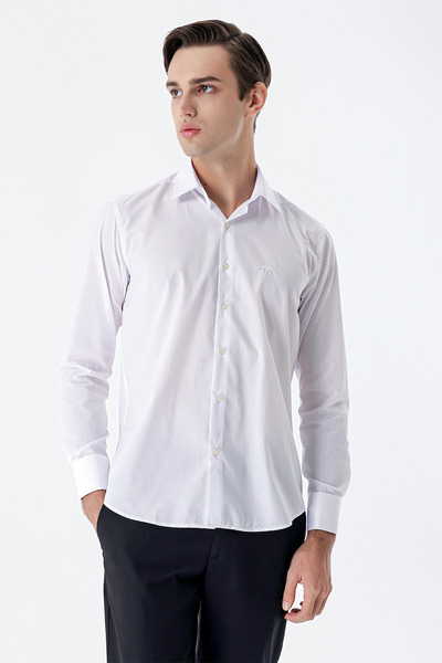 İmza White Classic Collar Long Sleeve Pocketless Slim Fit Basic Cotton Shirt ...