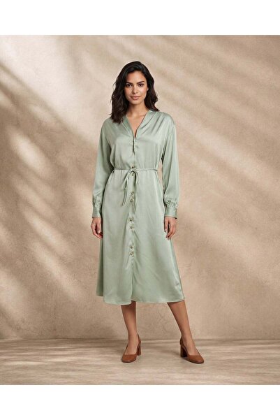 REDTAG Women Green Belted Midi Dress