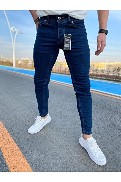 Ser Joven Men's Navy Blue Laser Slim Fit Lycra Jean Trousers