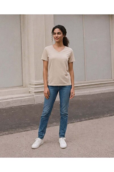 REDTAG Women Cream Short Sleeve V-Neck T-Shirt
