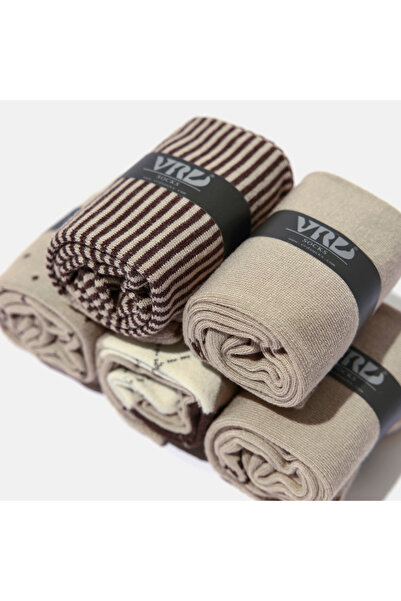 VARDAR SOCKS Dikişsiz Bambu Çorap Jakarlı Bej Renk Desenli Erkek Çorap Kutulu 5 Çift Premium Uzun Soket Çorap