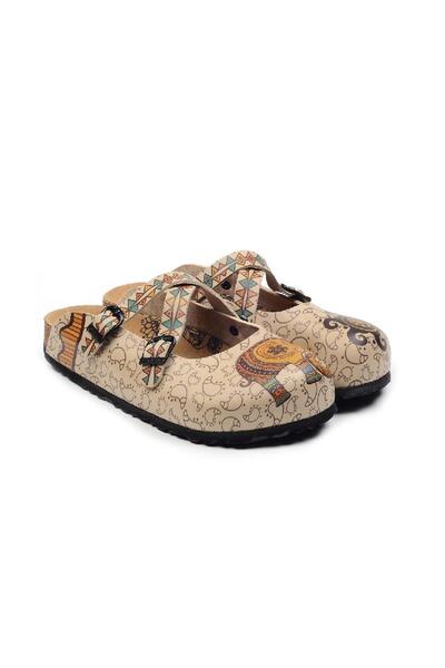 Mundos Kadın Vegan Deri Bej Terlik - Fil ve Güneş Model - CAL193