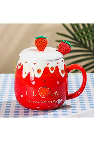Livava Meyve Patterned Ceramic Mug with Lid and Spoon, 10X10 cm - Red