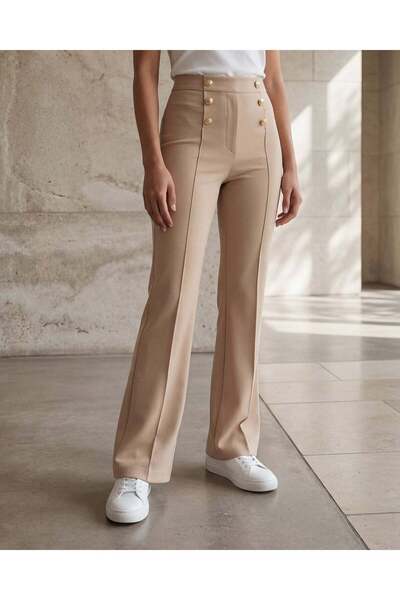 REDTAG بنطلون نسائي بيج اللون من قماش البونتي بأزرار أمامية