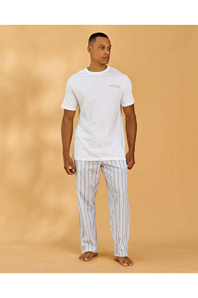 REDTAG Men White Woven 2 Piece Pyjama Set