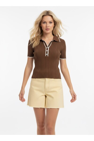 Noi Belis Polo Collar Half Placket Buttoned Knitwear Blouse Ss26Bz0051