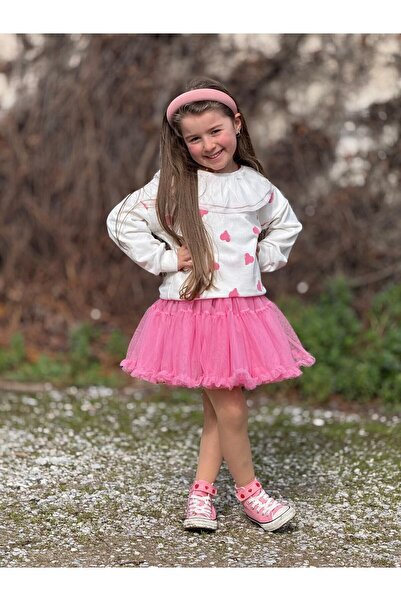 GÖKJOY Kids Wear تفاصيل على الياقة طقم تنورة توتو على شكل قلب