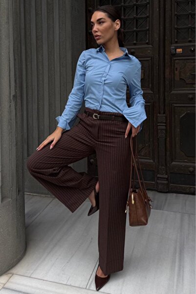 Madmext Brown Striped Wide Leg Regular Waist Belt Piece Pants Mg2735