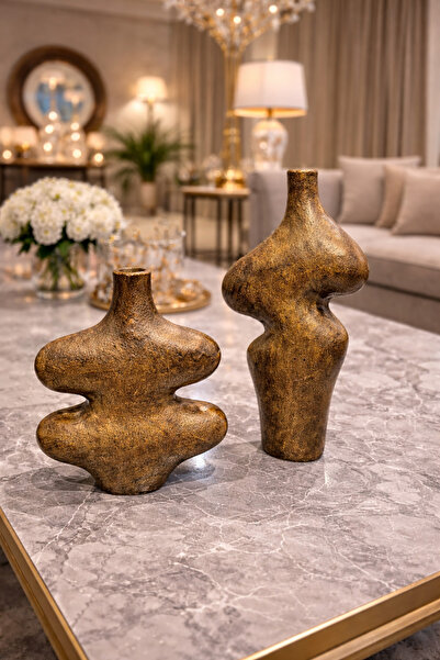 İSHTAR DEKOR Modern 2'Li Tera Vazo - Ahşap Renk - 30x22 cm