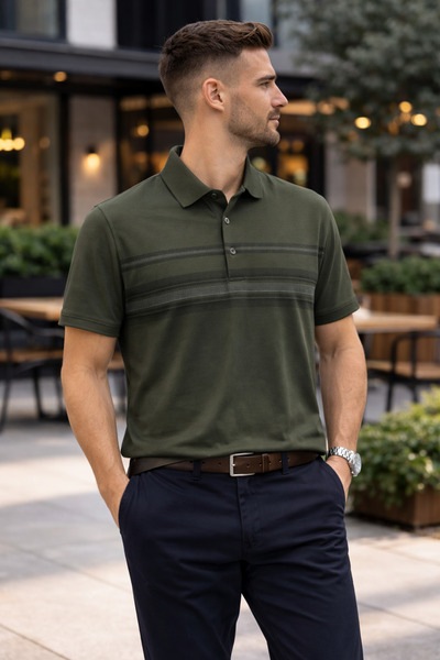 Maccali Men's Comfort Fit Patterned Khaki Polo Neck T-Shirt