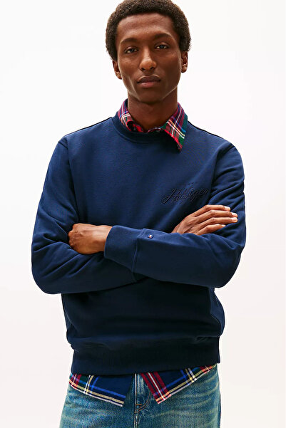 Tommy Hilfiger Men's Modern Script Logo Crew Neck Sweatshirt - Navy Blue