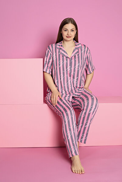 rindahomewear Women's Plus Size Mi̇lan Knitted Buttoned Short Sleeve Line Des...