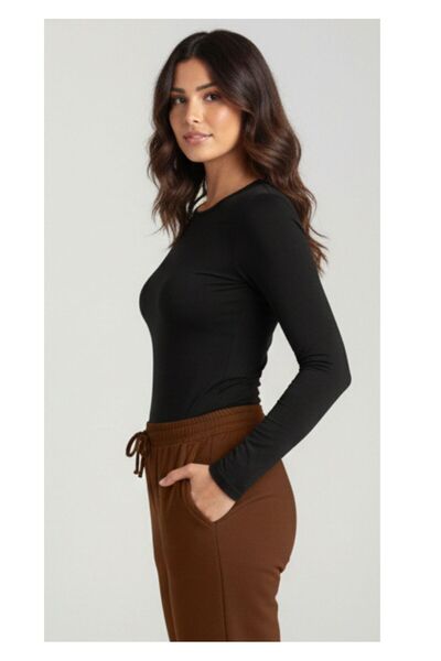 WAYS Kadın Siyah Bisiklet Yaka Viskon Pamuk Body Esnek Yumuşak Dokulu Basic Bluz