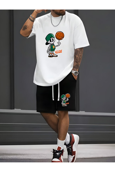 Flow touch Men's Black Printed Oversized Shorts Tracksuit Set