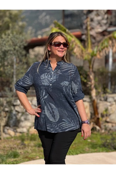 Punta Otantik Yg14030 Italian Three Buttons P Cotton K Linen Blouse Navy Blue