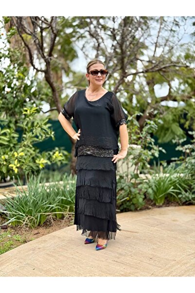 Punta Otantik NC7266 فستان إيطالي مزين بالترتر باللون الأسود حرير lbise