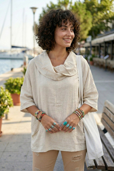 Chiccy Bež Šal kragna Kratki rukav Dvostruki Sa džepovima Ležeran Lan Širok i...