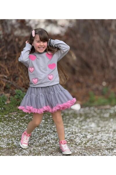 GÖKJOY Kids Wear Girl's Set with Heart Detail Tutu Skirt