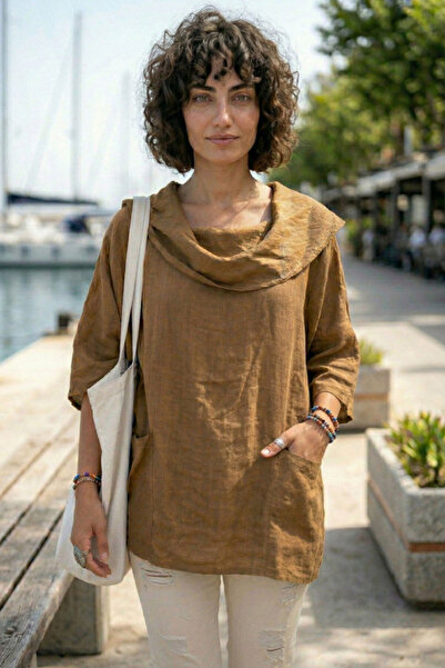 Chiccy Camel Šal kragna Kratki rukav Dvostruki Sa džepovima Ležerni Lan Širok...