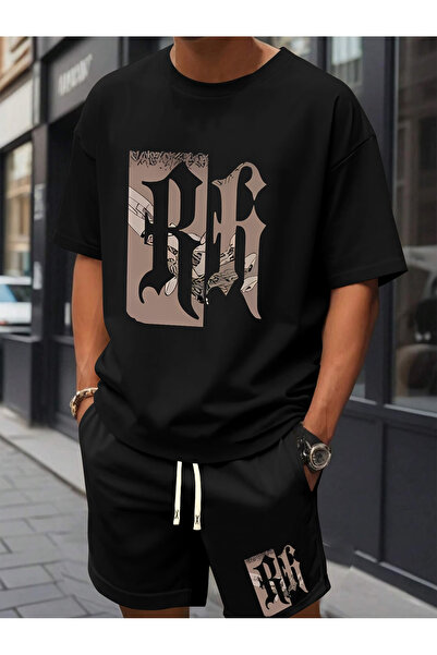 Flow touch Men's Black Printed Oversized Shorts Tracksuit Set