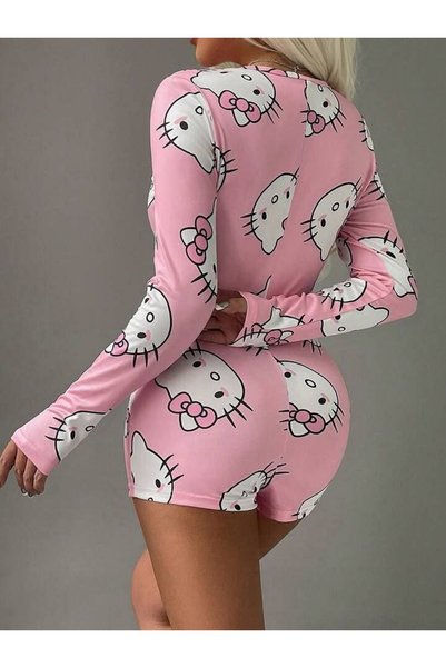 Asluna Women's Pink Hello Kitty Patterned Long Sleeve Shorts Pajama Jumpsuit