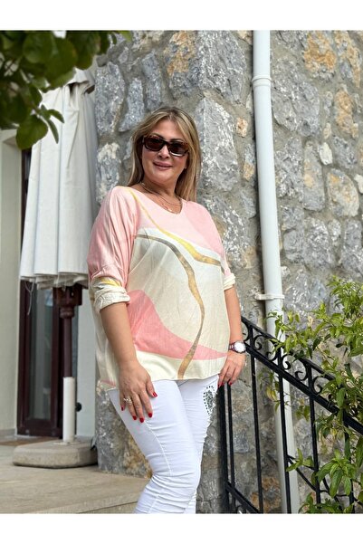 Punta Otantik Nc20665 V-Neck Italian Knitwear Blouse Powder