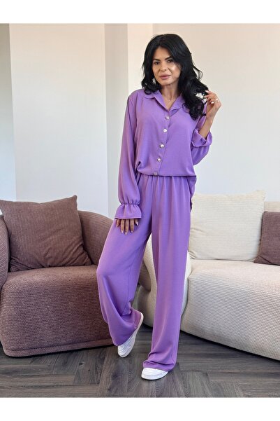RAMONA BADESCU Set damă lila cu cămașă cu nasturi și pantaloni largi – Elegan...