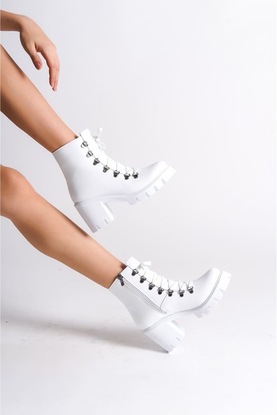 pabucmarketi White Lace-Up Zippered Women's Heeled Boots