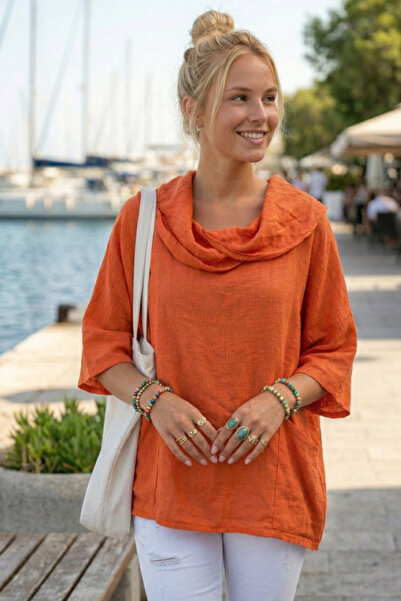 Chiccy Narandžasta Šal kragna Kratki rukav Dvostruka Sa džepovima Ležerna Lan...