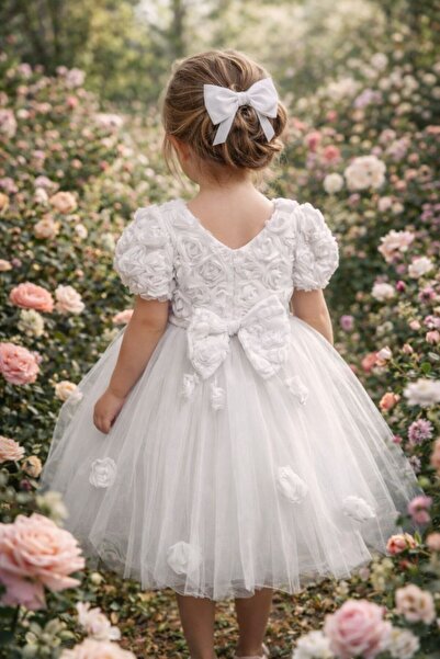 ABİYEKİDS Večernja haljina za decu sa reljefnim ružama, Til komada, bela, mod...