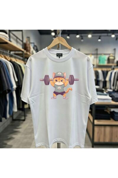 playwear Weightlifter Hat Cat Printed 100% Cotton Regular Fit Crew Neck T-Shirt