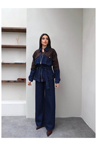 ESRAHELVACI Paneled Denim Belted Double Suit