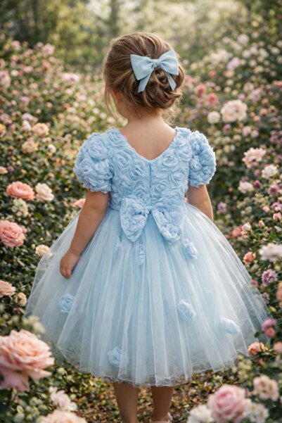 ABİYEKİDS Plava dečija večernja haljina sa reljefnim ružama, Til komada, mode...