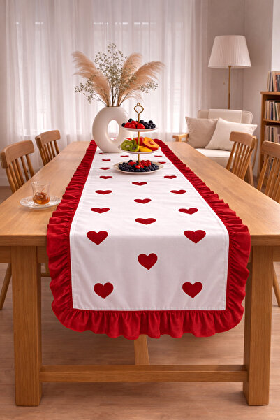 SADEN HOME Red Heart Patterned Ruffled R Table Runner 40X110 cm