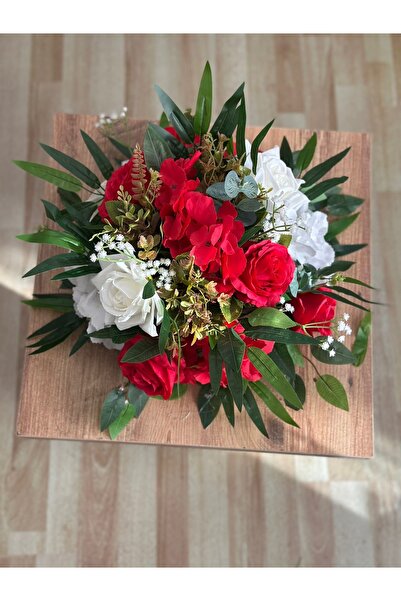 DİVA FLOWER EVENT Kırmızı Beyaz Masa Çiçeği Yapay Aranjman – 25 cm Çap, 20–25...