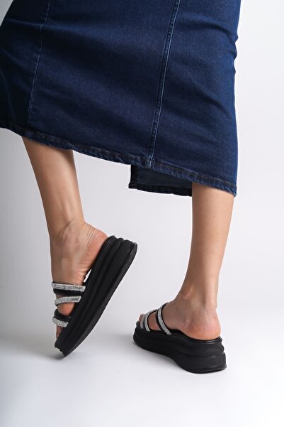pabucmarketi Black Striped Stoned Women's Flat Shoes Slipper