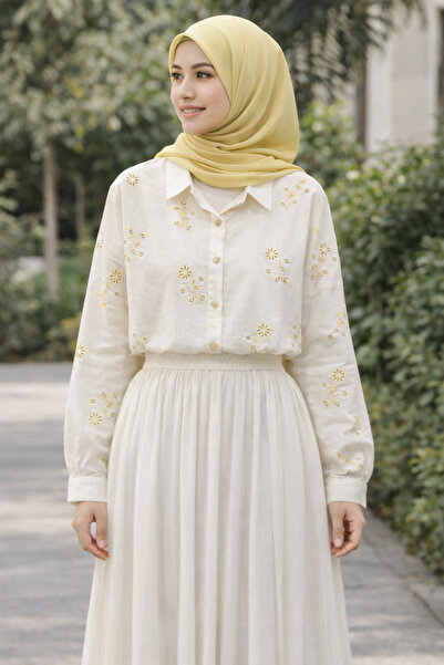 ŞIK VE MUTLU Flower Embroidery Raw K Linen Premium Hijab Women's Shirt