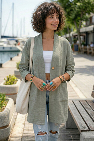 Chiccy Kaki kimono ovratnik, 3/4 rukav, kopčanje, dvostruka Sa džepovima leže...