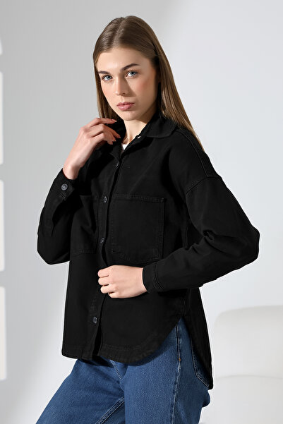BLUE NATIONAL JEANS Women's Oversized Cut Gabardine Shirt Jacket Casual Elega...