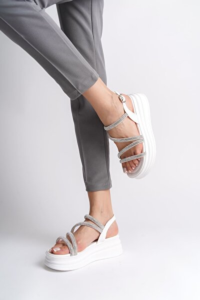 pabucmarketi White Buckled Stone Striped Women's Flat Sandals