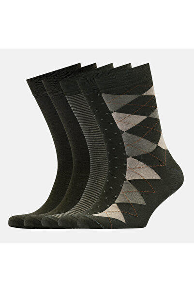 VARDAR SOCKS Dikişsiz Bambu Çorap Jakarlı Yeşil Desenli Renk Erkek Çorap Kutulu 5 Çift Premium Uzun Çorap Mix