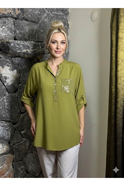 Punta Otantik Nc15451 Solid Color Three Buttons Italian Coton Blouse Oil Green