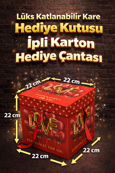 BİLGİ K K Lüks ipli Kapaklı Karton Hediye Kutusu 22x22x22 cm Katlanabilir Tekrar Kullanılabilir büyük boy krmz