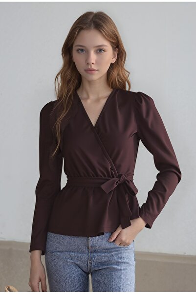 DEVRİMAY TEKSTİL Brown Double-Breasted Collar Long Sleeve Belted Stretch Fabr...