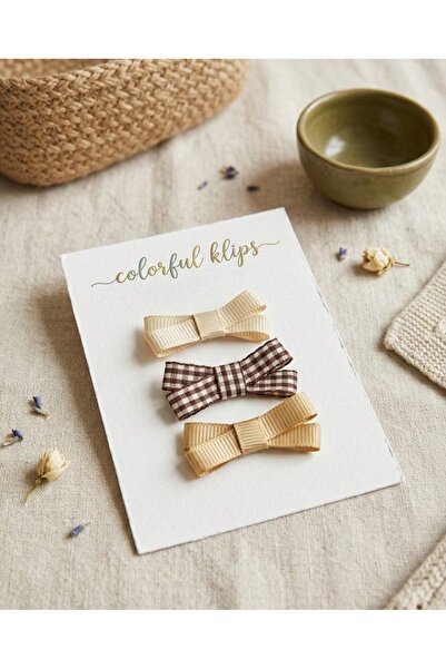 COLORFULLCLİPS Toprak Rengi Tonları Fiyonklu Az Saçlı Bebk Tokası 3 'lü Set