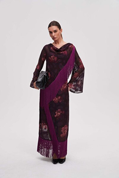 Livia فستان ميدي طويل الأكمام منقوش وأهداب