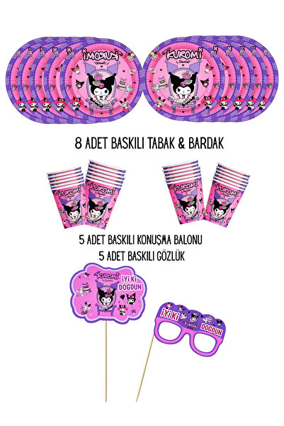 HAPPYLOOPPARTY Kuromi Baskılı 8 Kişilik Tabak , Bardak & 5 Adet Konuşma Balon...