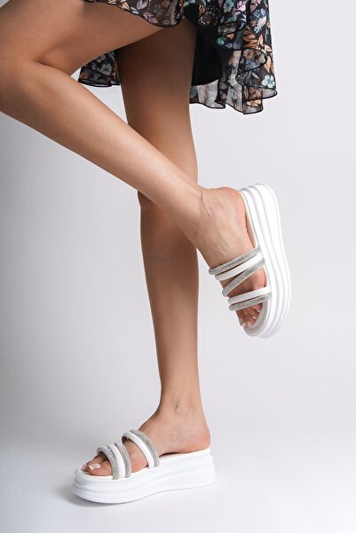 pabucmarketi White Striped Stoned Women's Flat Shoes Slipper