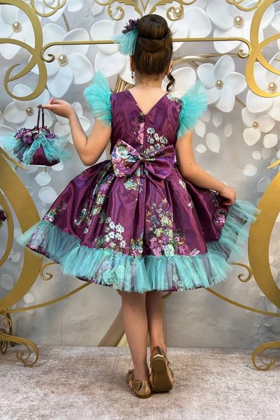 ABİYEKİDS Floral Print Satin Bagged Buckled Style Children's Evening Dress ABY242