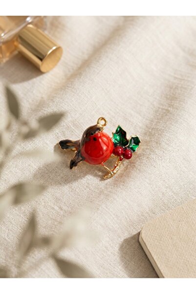 SR Jewelry Box Nar Kuşu Broş – Kırmızı Meyve ve Yaprak Detaylı Figürlü Yaka A...